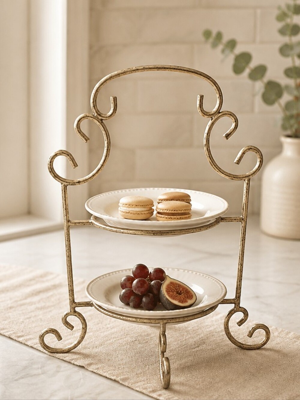 Two-Tier Decorative Metal Stand in Distressed Gold